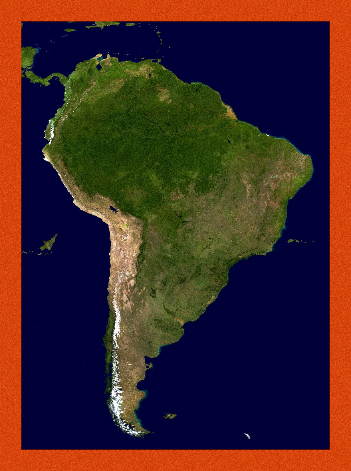 Satellite map of South America