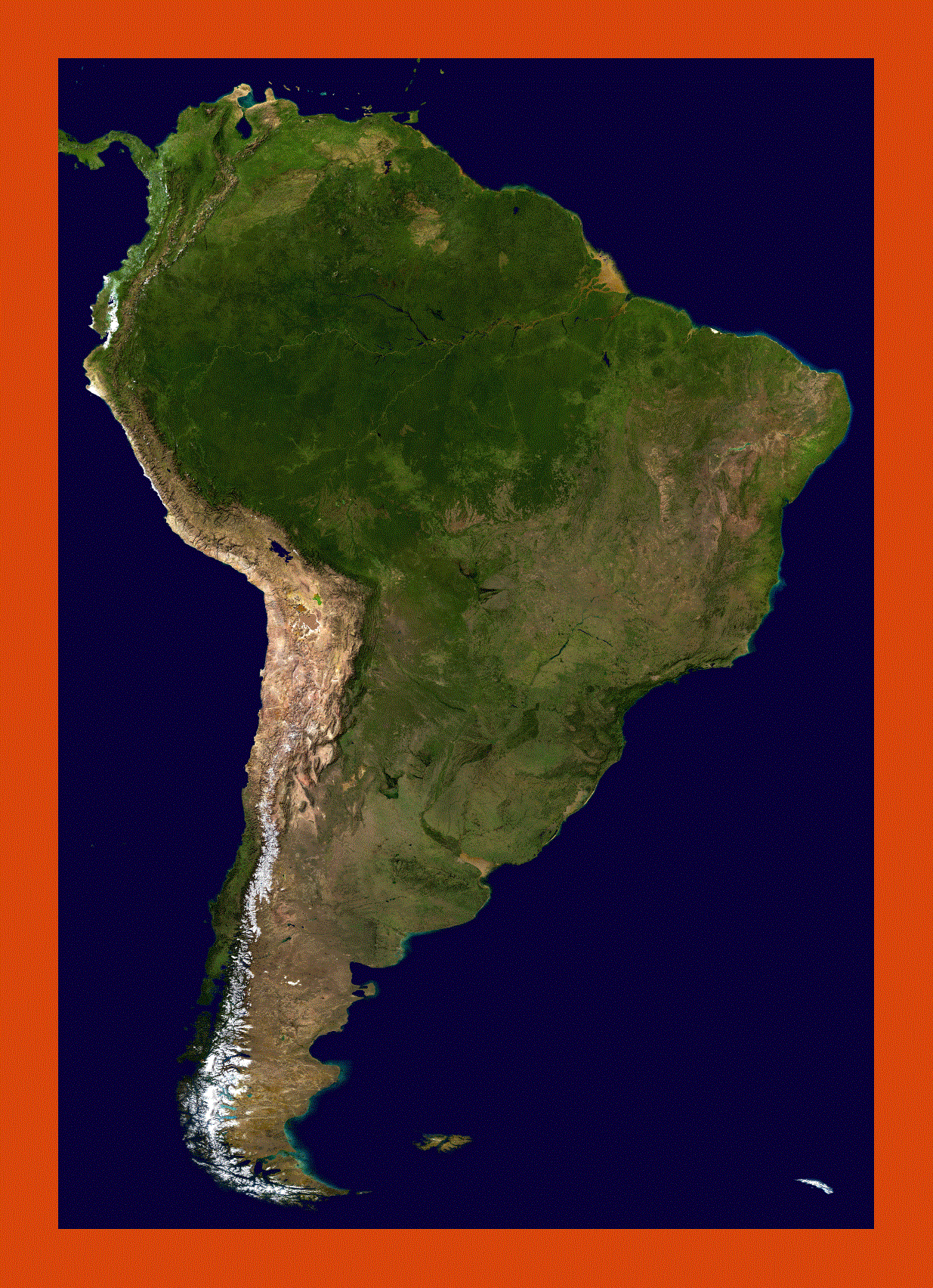 Satellite map of South America