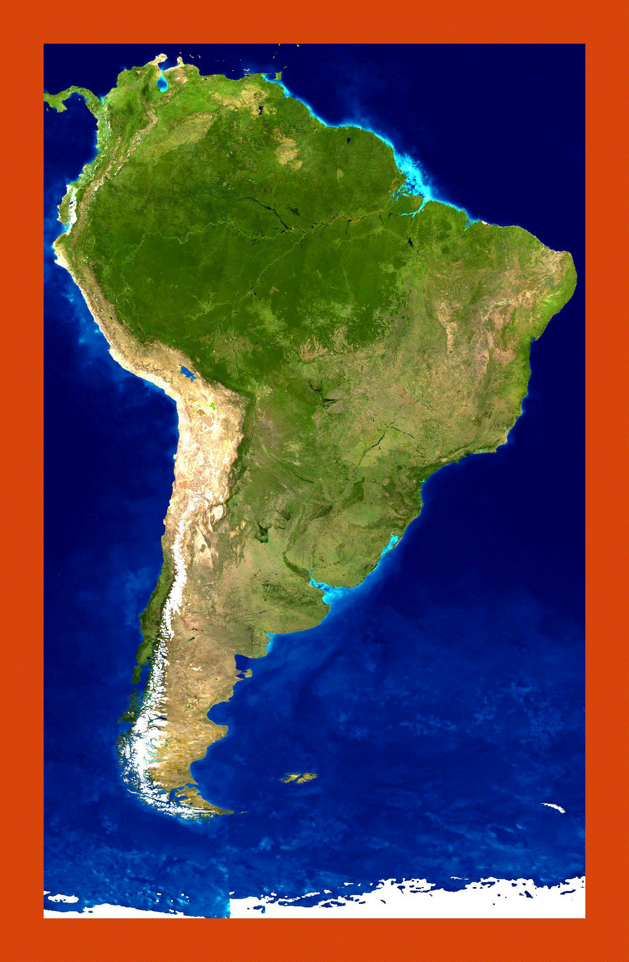 Satellite map of South America